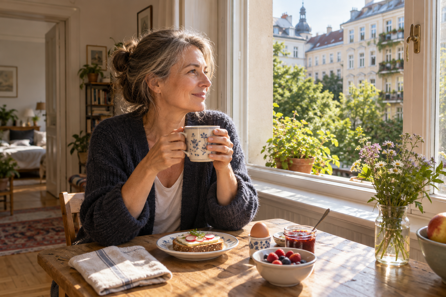 Frau frühstückt im Morgenlicht am Fenster einer Wiener Wohnung