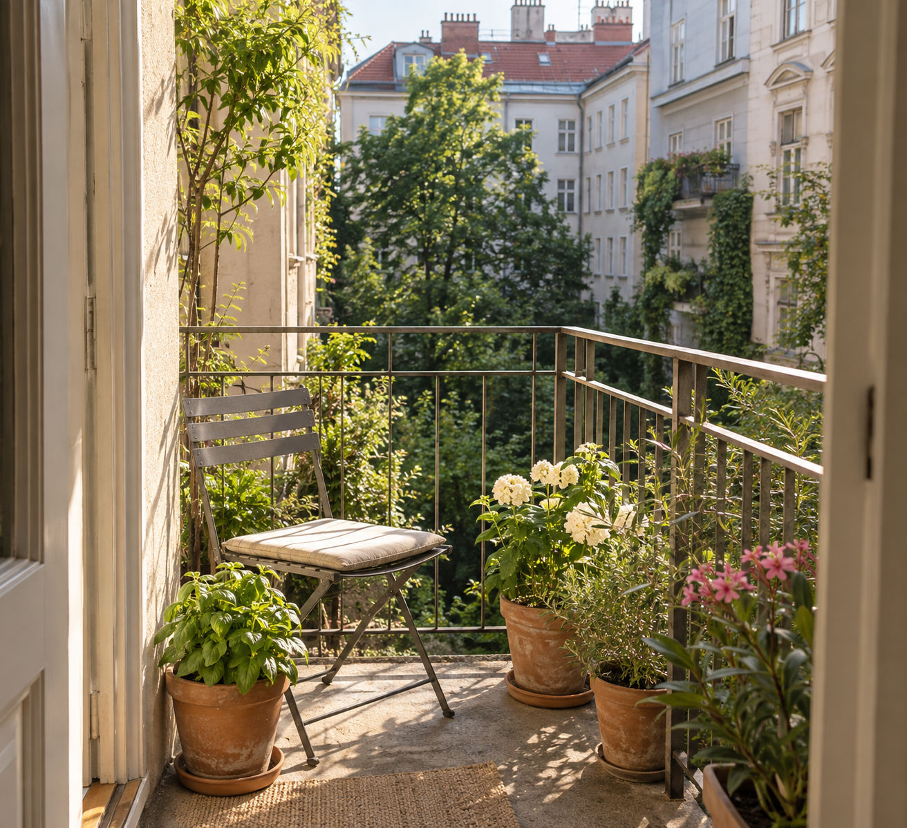 Kleiner Wiener Balkon mit Pflanzen und Blick in einen ruhigen Innenhof
